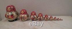 Vintage Russian Red & Pink Girl Nesting Dolls 10 Piece Set 5 1/2 Tall Handpaint