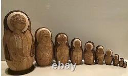 Vintage Russian Religious Icon Nesting Doll Carved 10pc Holy Faces 10h 90-s