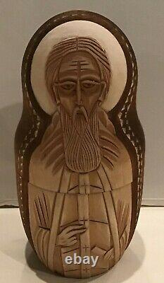 Vintage Russian Religious Icon Nesting Doll Carved 10pc Holy Faces 10h 90-s
