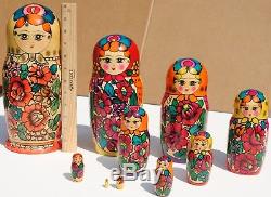 Vintage Russian Semenov Large Nesting Dolls 10 Pieces