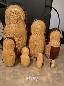 Vintage Russian Sergiev Posad Wood Carved Nesting Dolls Religious Figures, 7Pcs