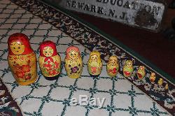 Vintage Russian Soviet Nesting Dolls-10 Pieces-Painted Women-Wood-Detailed