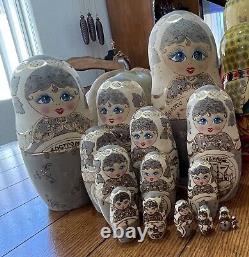 Vintage Russian Stacking/Nesting Dolls, Beautiful Gold on Natural Wood, 14 Dolls