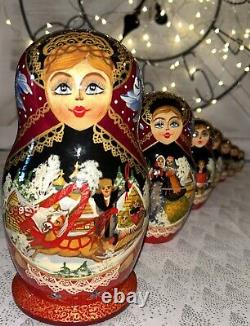 Vintage Russian Winter Fairytale Nesting DOLL Hand Painted Signed 8 7 Pce