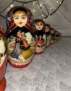 Vintage Russian Winter Fairytale Nesting DOLL Hand Painted Signed 8 7 Pce