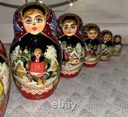 Vintage Russian Winter Fairytale Nesting DOLL Hand Painted Signed 8 7 Pce