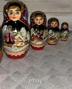 Vintage Russian Winter Fairytale Nesting DOLL Hand Painted Signed 8 7 Pce