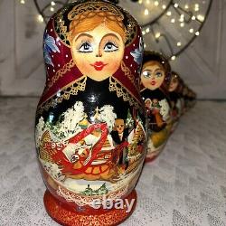 Vintage Russian Winter Fairytale Nesting DOLL Hand Painted Signed 8 7 Pce