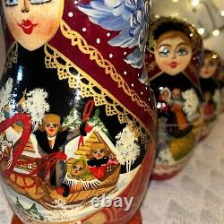 Vintage Russian Winter Fairytale Nesting DOLL Hand Painted Signed 8 7 Pce