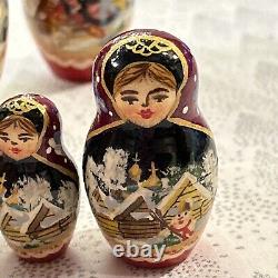 Vintage Russian Winter Fairytale Nesting DOLL Hand Painted Signed 8 7 Pce