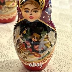 Vintage Russian Winter Fairytale Nesting DOLL Hand Painted Signed 8 7 Pce