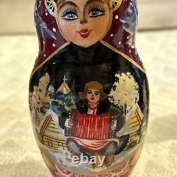 Vintage Russian Winter Fairytale Nesting DOLL Hand Painted Signed 8 7 Pce