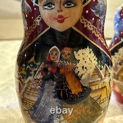 Vintage Russian Winter Fairytale Nesting DOLL Hand Painted Signed 8 7 Pce