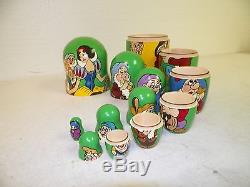 Vintage Russian Wood Carved Nesting Dolls Disney Snow White Signed 8 3/4 Tall