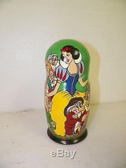 Vintage Russian Wood Carved Nesting Dolls Disney Snow White Signed 8 3/4 Tall