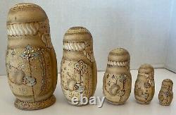 Vintage Russian Wooden Hand Carved & Painted Nesting Dolls Set Of 5 Signed