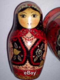 Vintage Russian Wooden Nesting Dolls Hand Painted with Babushka Signed 1989