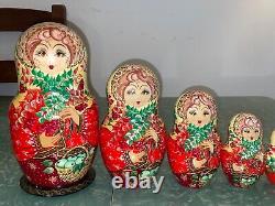 Vintage Russian Wooden Ten Nesting Dolls Fairy Tale-Ceprueb Nocag-Gorgeous & Big