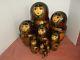 Vintage Russian Lacquered 10 Pc Wooden Nesting Dolls, Signed, Hand-painted, 10