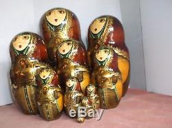 Vintage Russian lacquered 10 pc wooden nesting dolls, signed, hand-painted, 10