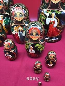 Vintage SIGNED Russian Nesting Dolls 10 piece set fine hand painted rare 10m