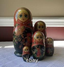Vintage Set Of 5 Russian Matryoshka Fairytale Nesting Dolls, Signed, 8 3/4 T