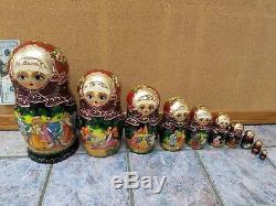 Vintage Signed 10-piece Matryoshka Russian Wooden Nesting Dolls Set Hand Painted