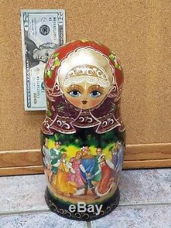 Vintage Signed 10-piece Matryoshka Russian Wooden Nesting Dolls Set Hand Painted