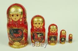 Vintage Signed Matryoshka Russian Nesting Dolls 5 Pcs Large 6 1/4 Pretty Girl
