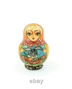 Vintage Signed Russian Matryoshka Nesting Doll Hand Painted 7 Pc Woodland Theme