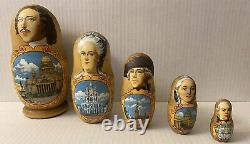 Vintage Signed Russian Matryoshka Nesting Dolls Depicting Romanov Dynasty Czars