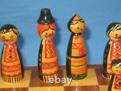 Vintage USSR Russian Nesting Doll Wooden Chess Set 3-1/8 King 12-5/8 Board