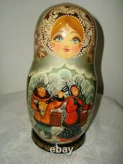 Vintage Unique Designed Set Wood Huge Tall Russian Matryoshka Dolls Hand Painted