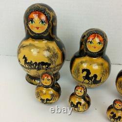 Vintage Wood Russian Matryoshka 10 Pc Nesting Dolls Hand Painted Decor