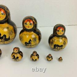 Vintage Wood Russian Matryoshka 10 Pc Nesting Dolls Hand Painted Decor