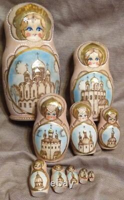 Vintage Wood Wooden Russian Nesting Doll Set Hand Painted Artist Signed 10 Dolls