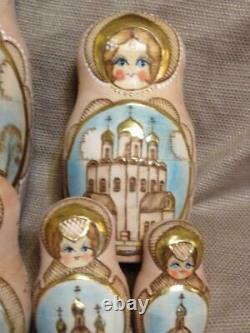 Vintage Wood Wooden Russian Nesting Doll Set Hand Painted Artist Signed 10 Dolls