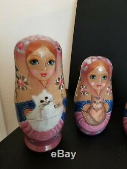Vintage Wooden Russian Matryoshka Babushka Nesting Dolls 10 Pc. The Cat Ladies