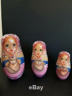 Vintage Wooden Russian Matryoshka Babushka Nesting Dolls 10 Pc. The Cat Ladies