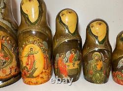 Vintage hand painted wood Religious 13 piece Jesus Russian Icon Nesting dolls
