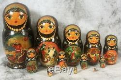 Vtg 1999 Signed Russian Fairy Tale Baba Yaga 12 Pc Nesting Doll Painted Lacquer