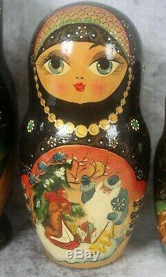 Vtg 1999 Signed Russian Fairy Tale Baba Yaga 12 Pc Nesting Doll Painted Lacquer