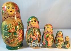 Vtg 5 Pcs Signed Russian Matryoshka Babushka Christmas Eve Nesting Doll