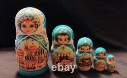 Vtg Beautiful Hand Painted Russian Matryoshka Wooden Nesting Doll Blue & Gold