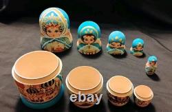 Vtg Beautiful Hand Painted Russian Matryoshka Wooden Nesting Doll Blue & Gold