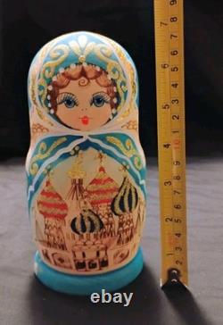 Vtg Beautiful Hand Painted Russian Matryoshka Wooden Nesting Doll Blue & Gold