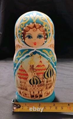 Vtg Beautiful Hand Painted Russian Matryoshka Wooden Nesting Doll Blue & Gold