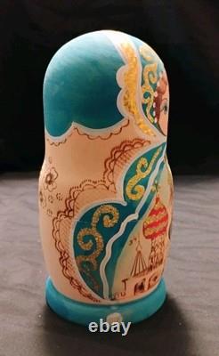 Vtg Beautiful Hand Painted Russian Matryoshka Wooden Nesting Doll Blue & Gold