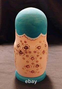 Vtg Beautiful Hand Painted Russian Matryoshka Wooden Nesting Doll Blue & Gold