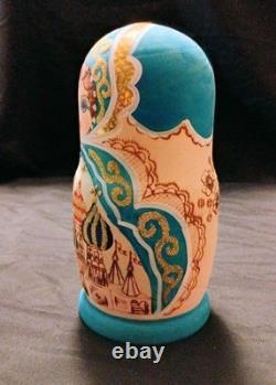Vtg Beautiful Hand Painted Russian Matryoshka Wooden Nesting Doll Blue & Gold